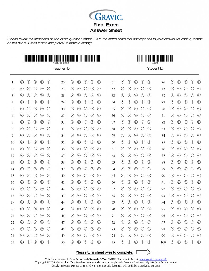 200 Question Answer Sheet with Extra Credit for Remark Office OMR