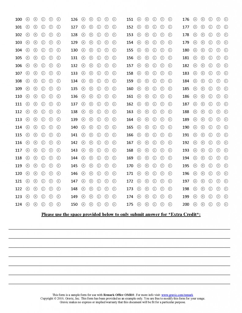 200 Question Answer Sheet with Extra Credit for Remark Office OMR