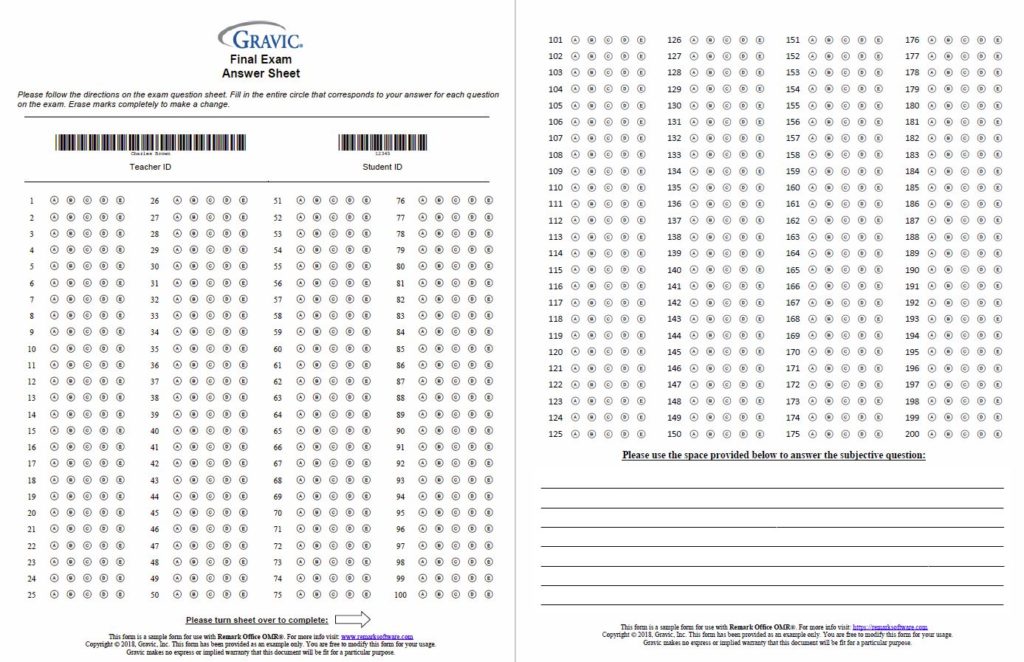 200 Question Answer Sheet with Subjective for Remark Office OMR