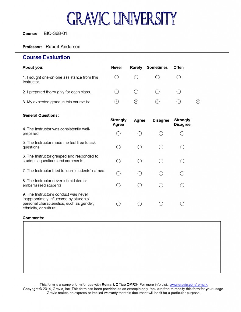 Course Evaluation No Barcode for Remark Office OMR