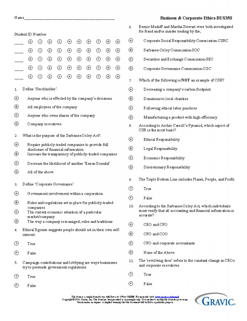 Higher Ed test form for Remark Office OMR