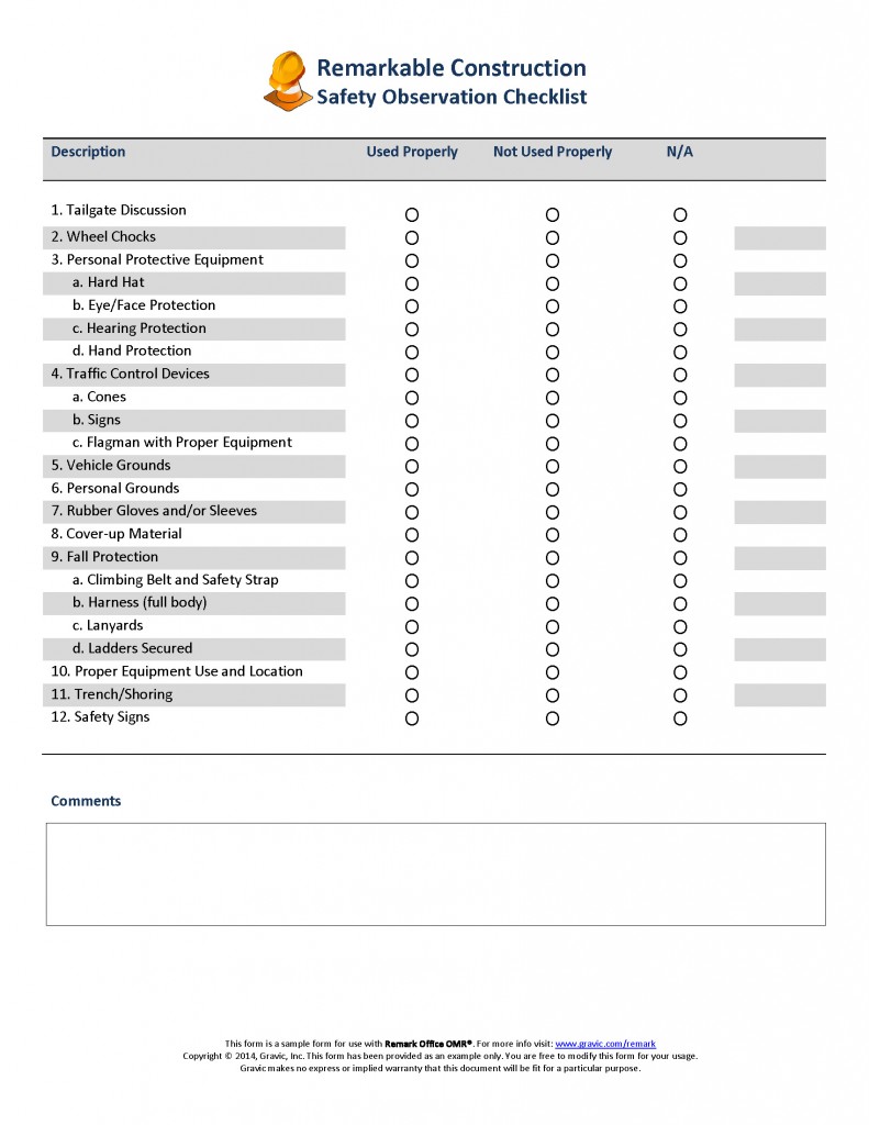 Safety Observation Checklist for Remark Office OMR