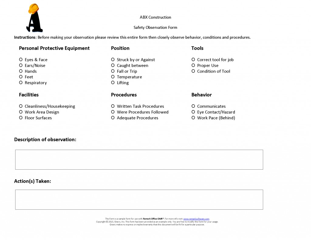 Safety Observation Form for Remark Office OMR