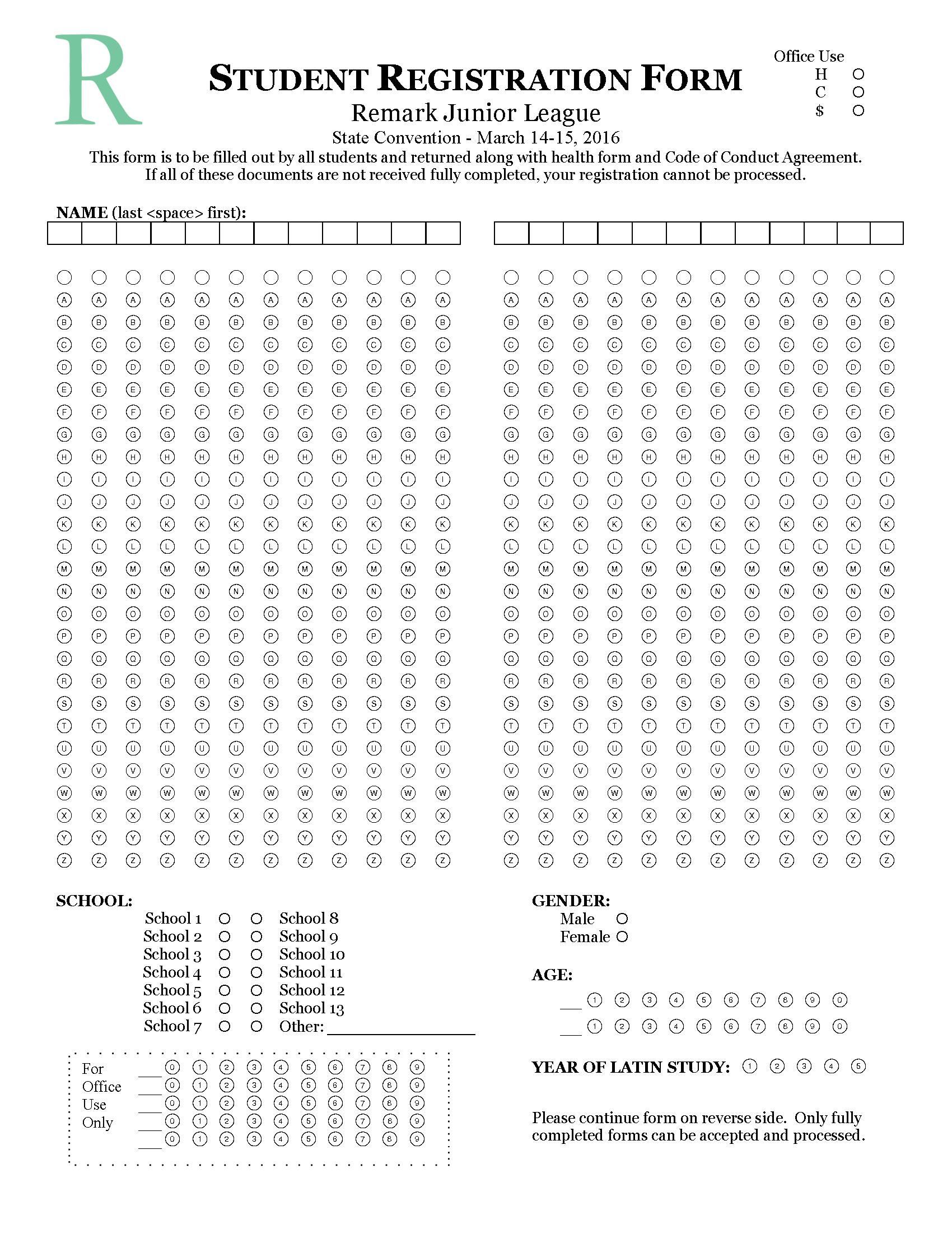 Student registration sample form