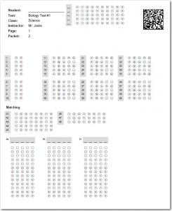 Test Answer Sheet with multiple choice, true-false, matching and math grid-in questions