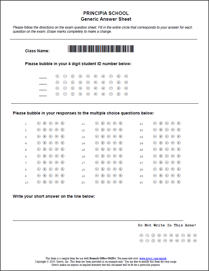 Generic School Test Answer-Sheet for use with Remark Office OMR