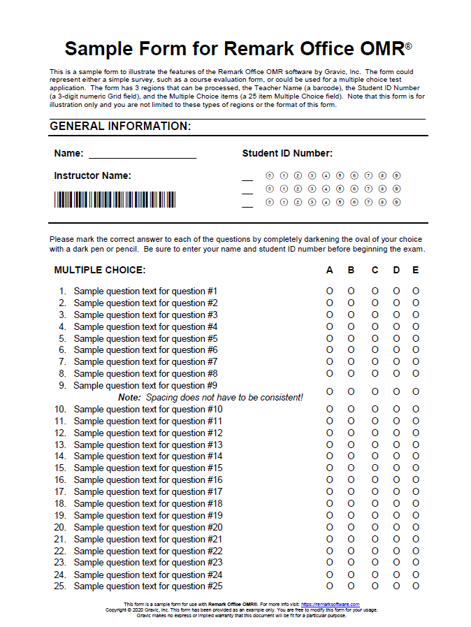 Sample Answer Sheet for Remark Office OMR